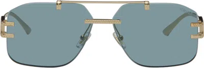 Versace Gold Damier Plaque Sunglasses In Black+gold