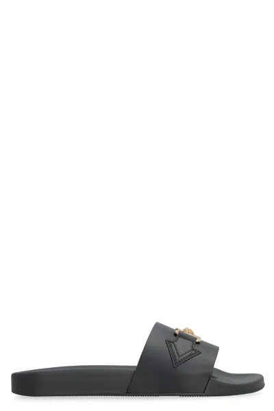 Versace Gold-embellished Slide Sandals For Men In Black