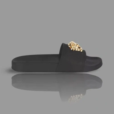 Pre-owned Versace Gold La Medusa Pool Slides Gomma In Box