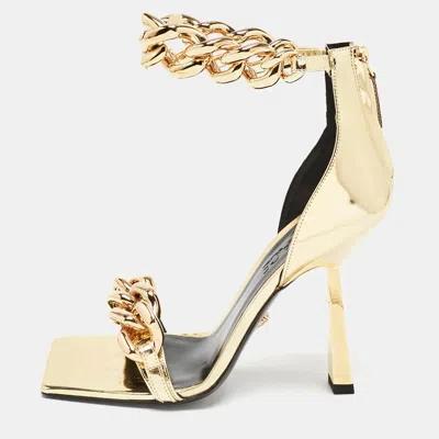 Versace Gold Patent Leather Medusa Chain Ankle Strap Sandals