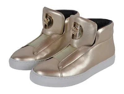 Pre-owned Versace Gold Leather Medusa Plaque Slip On Sneakers Shoes 37.5 7.5 Dsr697ds