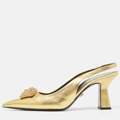 Pre-owned Versace Gold Leather Medusa Slingback Pumps Size 38
