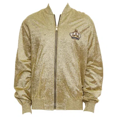 Pre-owned Versace Gold Medusa Blue Crystal Crown Metallic Lurex Bomber Jacket