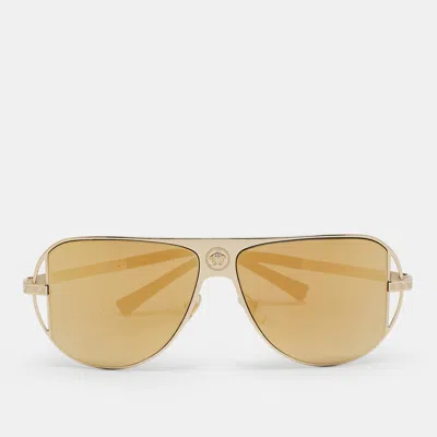 Pre-owned Versace Gold Mirrored Mod. 2212 Aviator Sunglasses