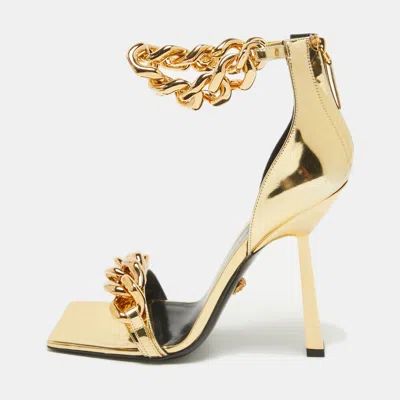 Pre-owned Versace Gold Patent Leather Medusa Chain Ankle Strap Sandals Size 40
