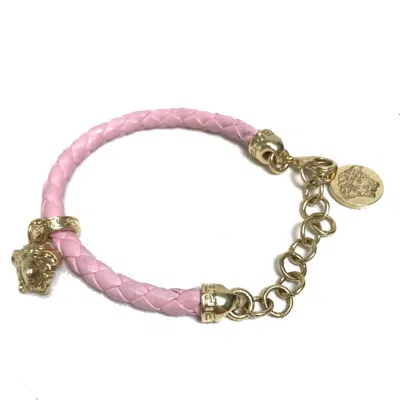 Pre-owned Versace Gold Pink Leather Metal Charm Bracelet () In Multi