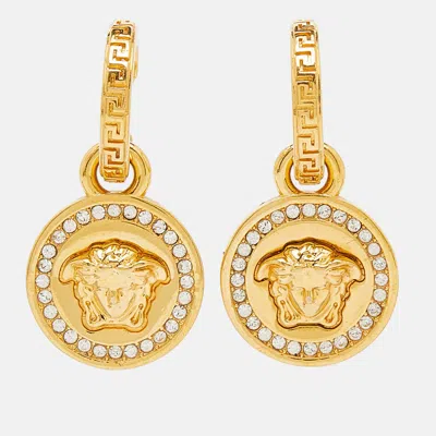 Pre-owned Versace Gold Tone Crystal La Medusa Greca Drop Earrings