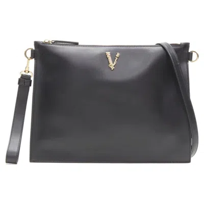 Pre-owned Versace Gold Virtus Barocco V Black Leather Zip Clutch Crossbody Bag