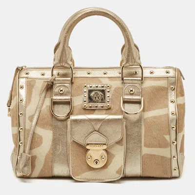 Pre-owned Versace Gold/beige Calf Hair And Leather Snap Out Of It Satchel