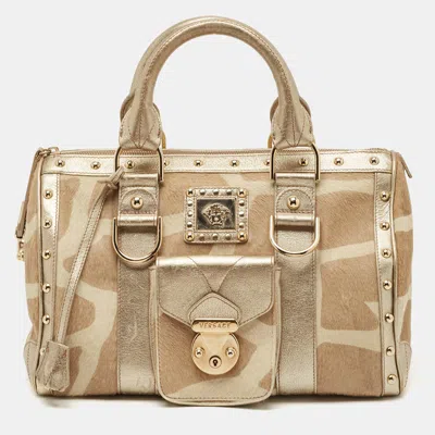 Versace Gold/beige Calf Hair And Leather Snap Out Of It Satchel
