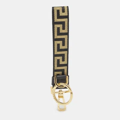 Pre-owned Versace Gold/black Canvas Greek Band Key Ring