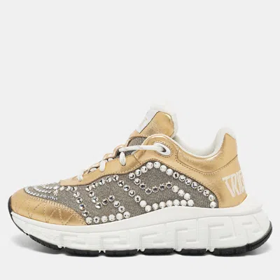 Pre-owned Versace Gold/silver Leather And Lurex Fabric Trigreca Sneakers Size 36