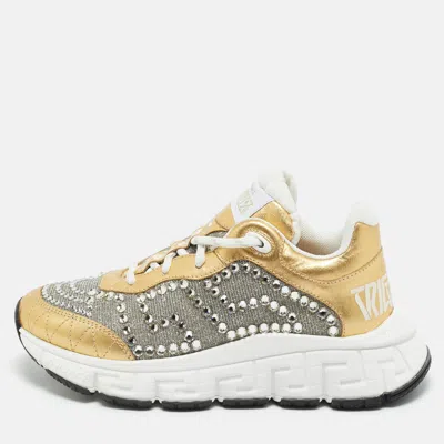Pre-owned Versace Gold/silver Leather And Lurex Fabric Trigreca Sneakers Size 36