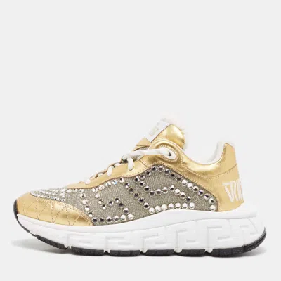 Pre-owned Versace Gold/silver Leather And Lurex Fabric Trigreca Sneakers Size 36