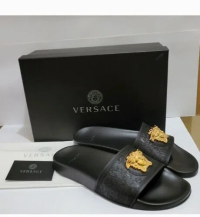 Pre-owned Versace Gomma Black Gold Medusa Rubber Pool Slide Sandals Women's Pick Size