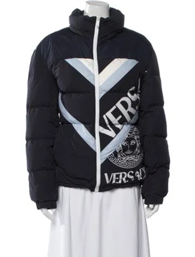 Pre-owned Versace Goose Down Graphic Print Down Jacket In Blue