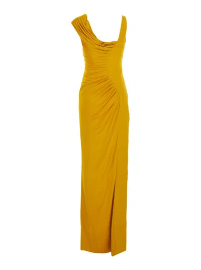Versace Orange Sleeveless Long Dress With Medusa Plaque On The Front Draping In Yellow