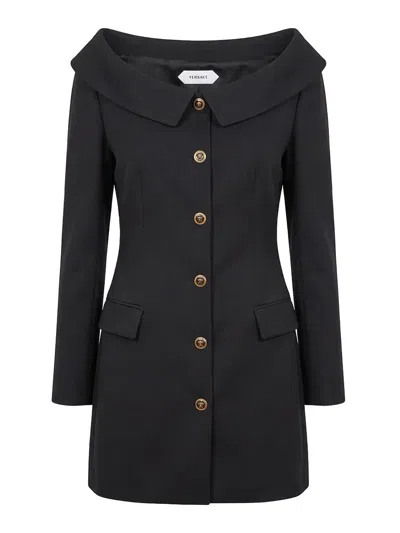 Versace Grain De Poudre Wool Mini Dress In Black