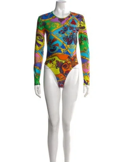 Pre-owned Versace Graphic Print Crew Neck Bodysuit In Blue