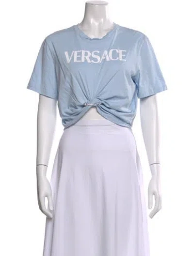 Pre-owned Versace Graphic Print Crew Neck Crop Top In Blue