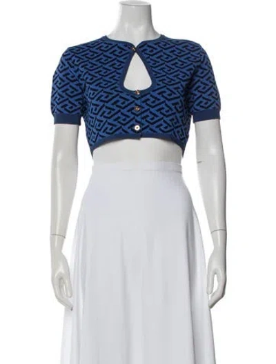 Pre-owned Versace Graphic Print Crew Neck Crop Top In Blue