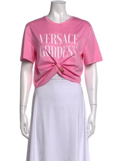 Pre-owned Versace Graphic Print Crew Neck Crop Top In Gold/pink/white