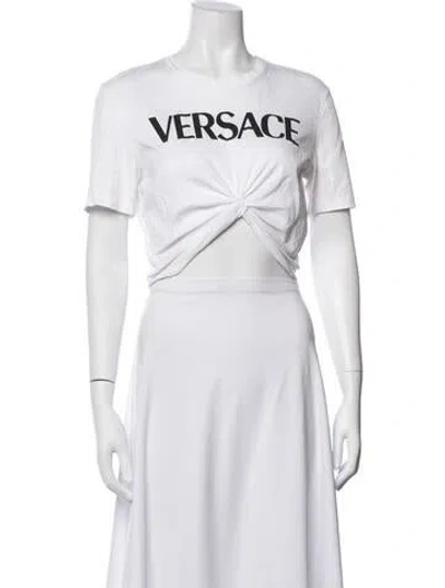 Pre-owned Versace Graphic Print Crew Neck Crop Top In White