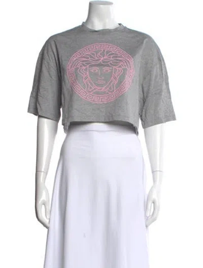Pre-owned Versace Graphic Print Crew Neck Crop Top In White