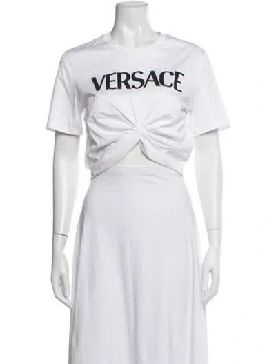 Pre-owned Versace Graphic Print Crew Neck Crop Top In White