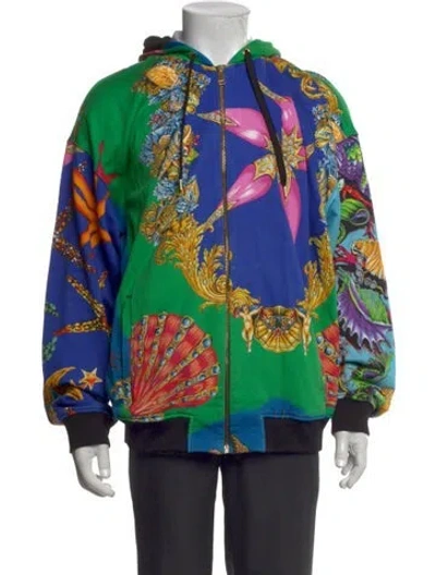 Pre-owned Versace Graphic Print Crew Neck Hoodie In Blue/green