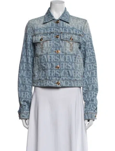 Pre-owned Versace Graphic Print Denim Jacket W/ Tags In Blue