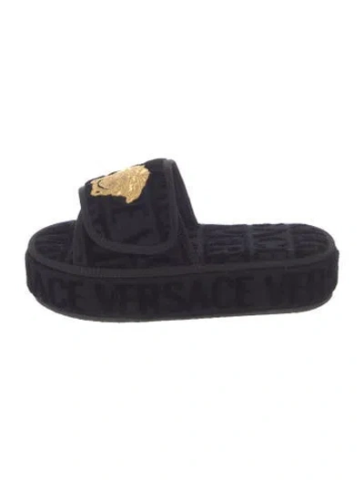 Pre-owned Versace Graphic Print Embroidered Accent Slides In Black
