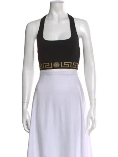 Pre-owned Versace Graphic Print Halterneck Crop Top In Black