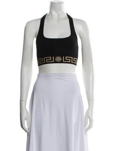 Pre-owned Versace Graphic Print Halterneck Sports Bra In Black