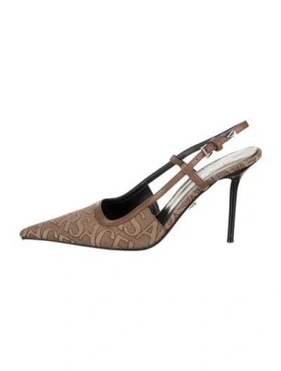 Pre-owned Versace Graphic Print Leather Trim Embellishment Slingback Pumps In Neutral