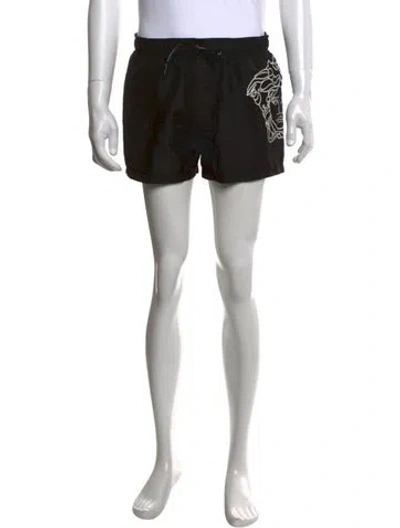 Pre-owned Versace Graphic Print Mesh Accents Swim Trunks In Black