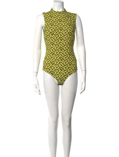 Pre-owned Versace Graphic Print Mock Neck Bodysuit W/ Tags In Yellow