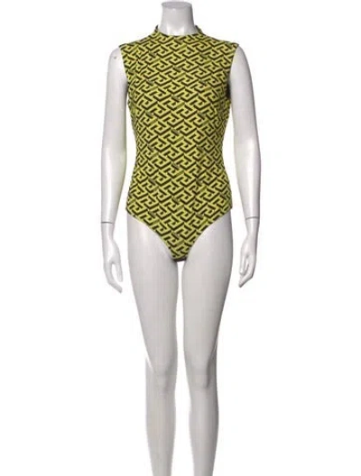 Pre-owned Versace Graphic Print Mock Neck Bodysuit In Yellow