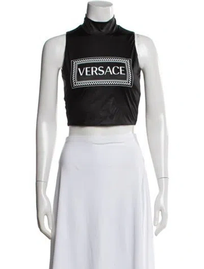 Pre-owned Versace Graphic Print Mock Neck Crop Top In Black