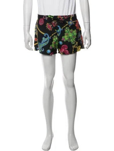 Pre-owned Versace Graphic Print Pleated Accents Swim Trunks In Black