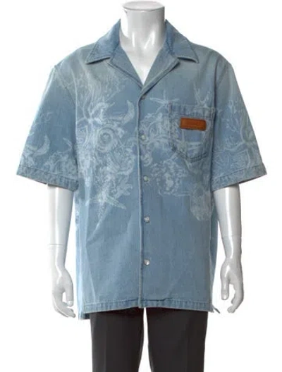 Pre-owned Versace Graphic Print Short Sleeve Denim Shirt In Blue