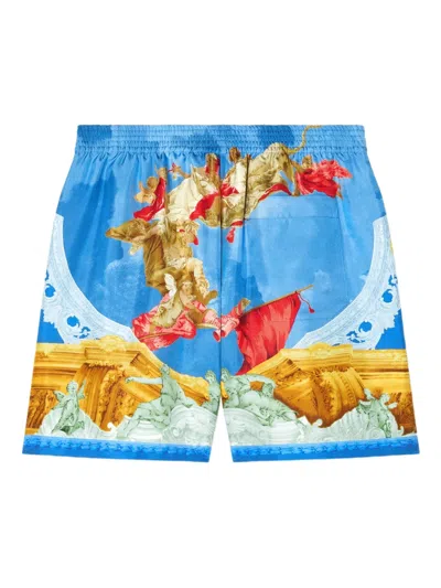 Versace Printed Silk Twill Regular Shorts In Blue