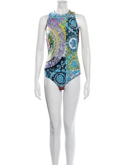 Pre-owned Versace Graphic Print Sleeveless Bodysuit In Blue
