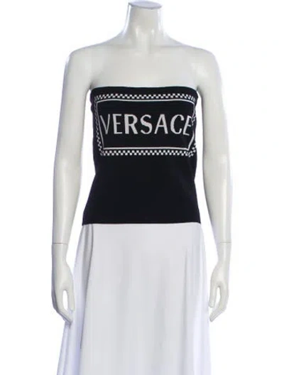 Pre-owned Versace Graphic Print Strapless Crop Top In Black