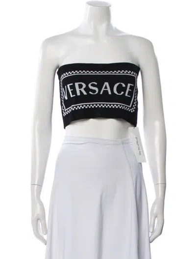 Pre-owned Versace Graphic Print Strapless Crop Top In Black