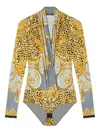 Versace Draped Printed Satin-jersey Bodysuit In Gray