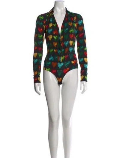 Pre-owned Versace Graphic Print V-neck Bodysuit In Yellow