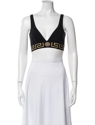 Pre-owned Versace Graphic Print V-neck Crop Top In Black