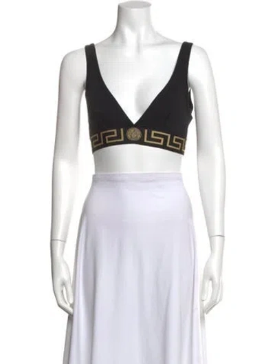 Pre-owned Versace Graphic Print V-neck Sports Bra W/ Tags In Black