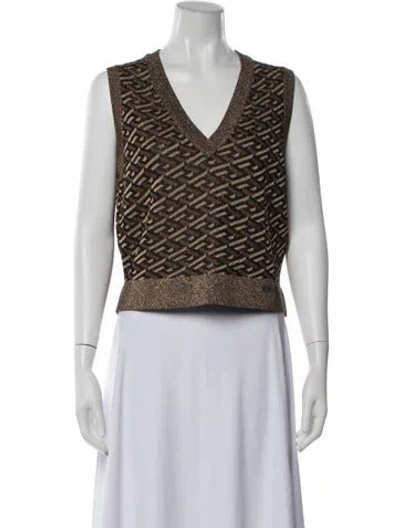 Pre-owned Versace Graphic Print V-neck Sweater In Brown/metallic